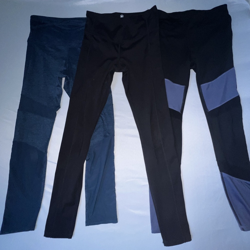 Gaiam Womens Yoga Leggings Lot of 3 Black Blue Purple Mesh Pockets Small